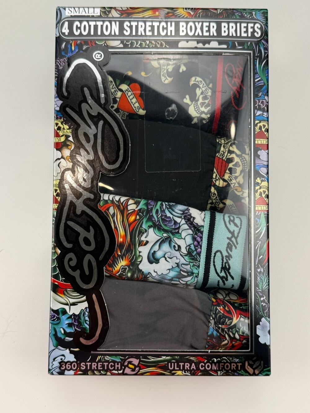4 PACK ED HARDY STRETCH BOXER BRIEF SZ SMALL NWT
